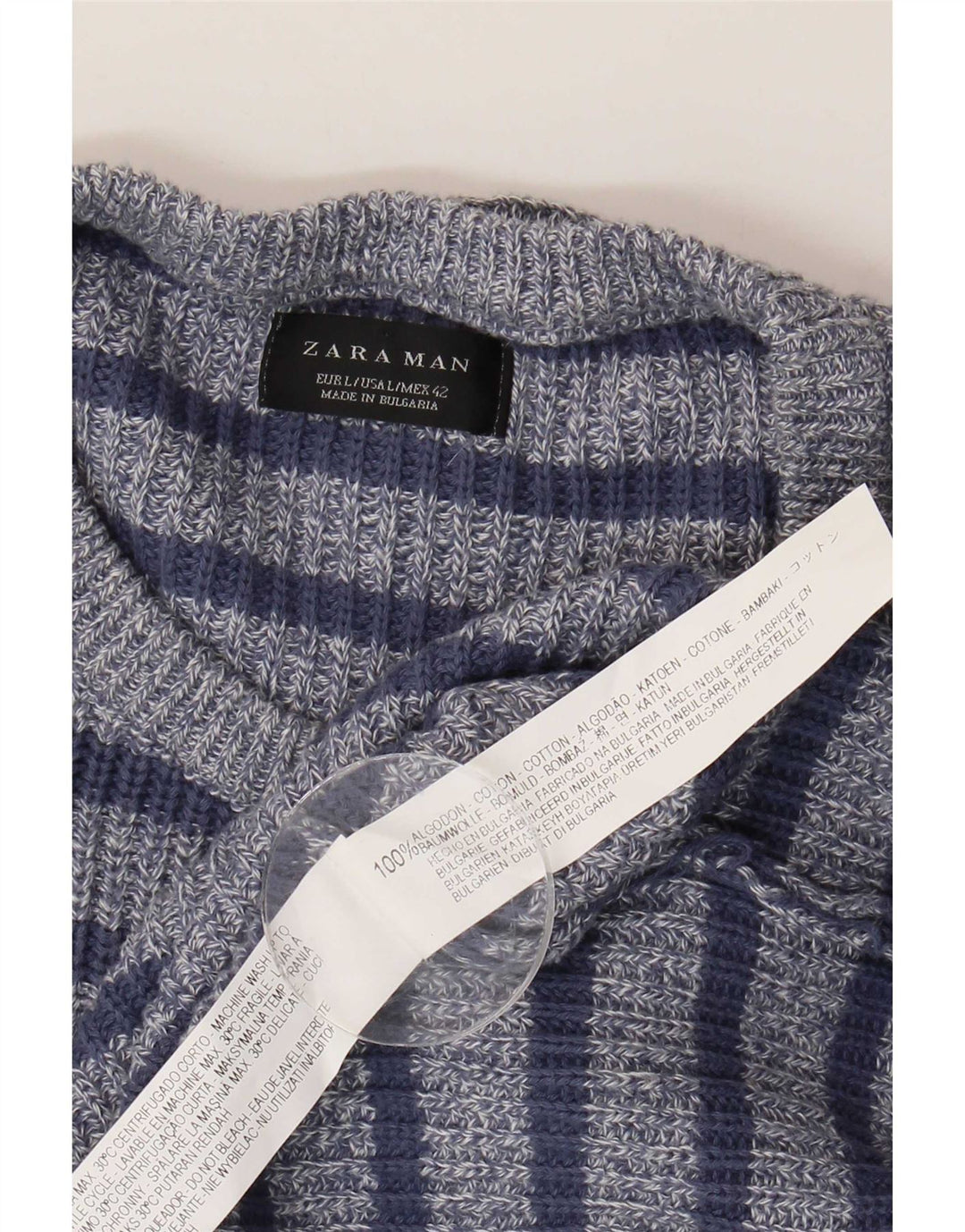 Zara Pull à col rond pour homme en coton rayé bleu grand