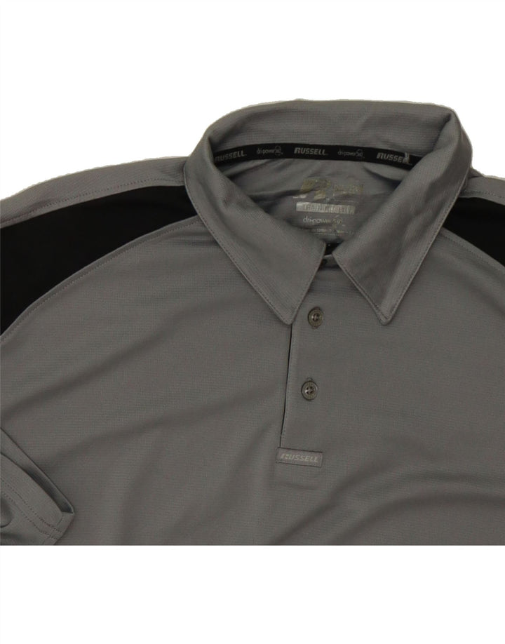 RUSSELL ATHLETIC Mens Dri-Power Polo Shirt XL Grey Colourblock Polyester Vintage Russell Athletic and Second-Hand Russell Athletic from Messina Hembry 