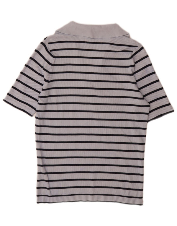 Marks & Spencer Polo Femme UK 14 Coton Rayé Bleu Moyen