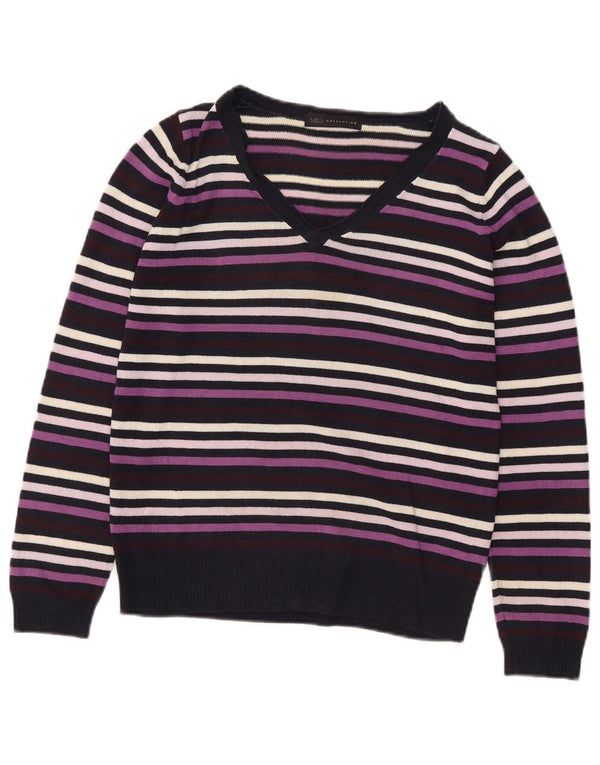 Marks & Spencer Pull col en V pour femme UK 10 Petit violet rayé