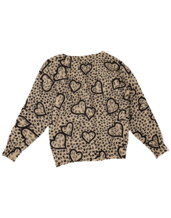 vintage Femme Cardigan Pull UK 10 Petit Beige Animal Print Lambswool