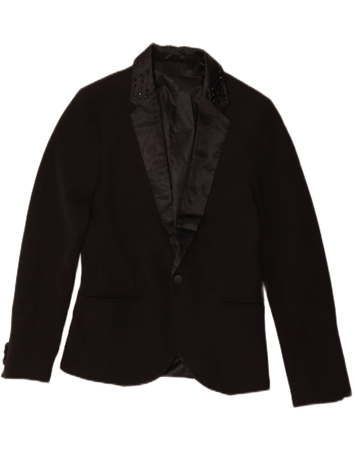 ZARA Femme 1 Bouton Blazer Veste UK 10 Petit Noir Polyester