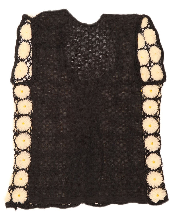 vintage Femmes Sans Manches Cardigan Pull UK 12 Moyen Noir Floral
