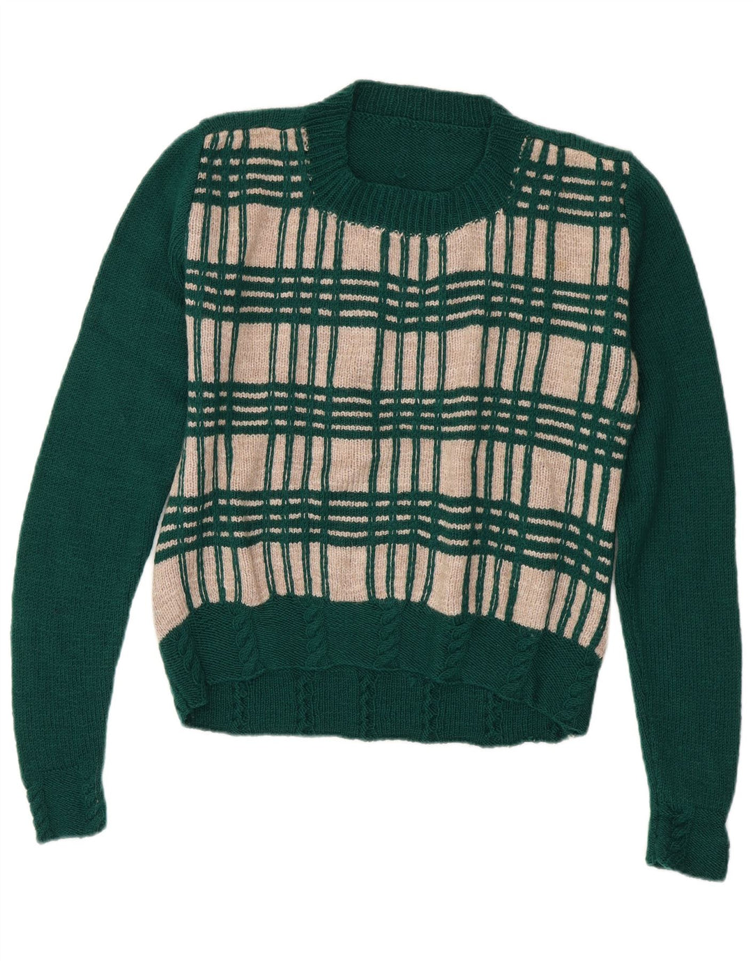 VINTAGE Femme Crew Neck Jumper Pull UK 14 Medium Green Check