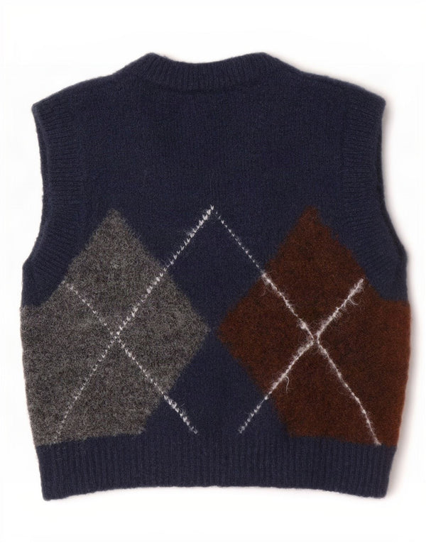 Zara Womens Crop Vest Débardeur UK 10 Petit Bleu Marine Argyle/Diamant