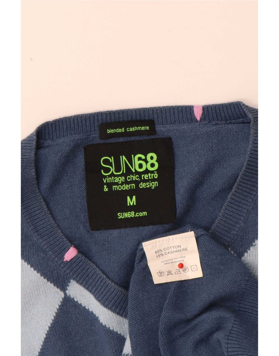 Sun68 Pull col V Homme Bleu Moyen Argyle/Diamant Coton