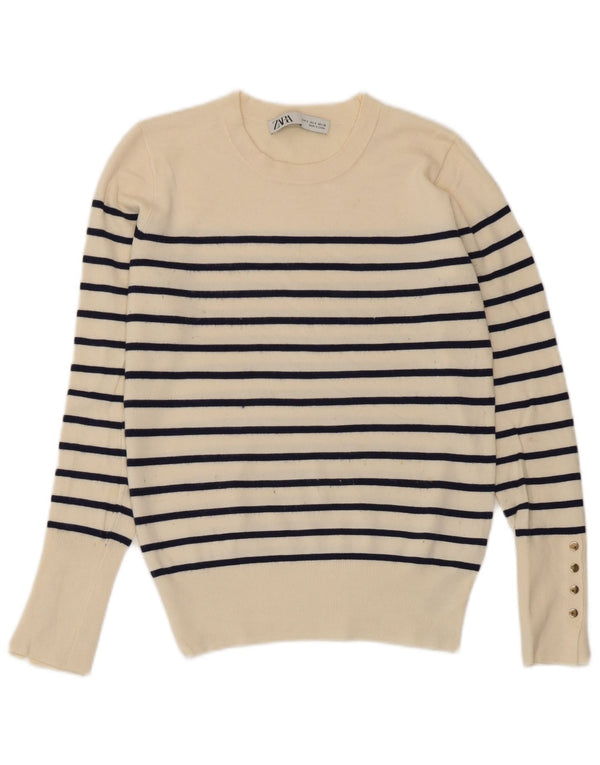 Zara Pull ras du cou pour femme UK 10 Petite viscose rayée blanc cassé