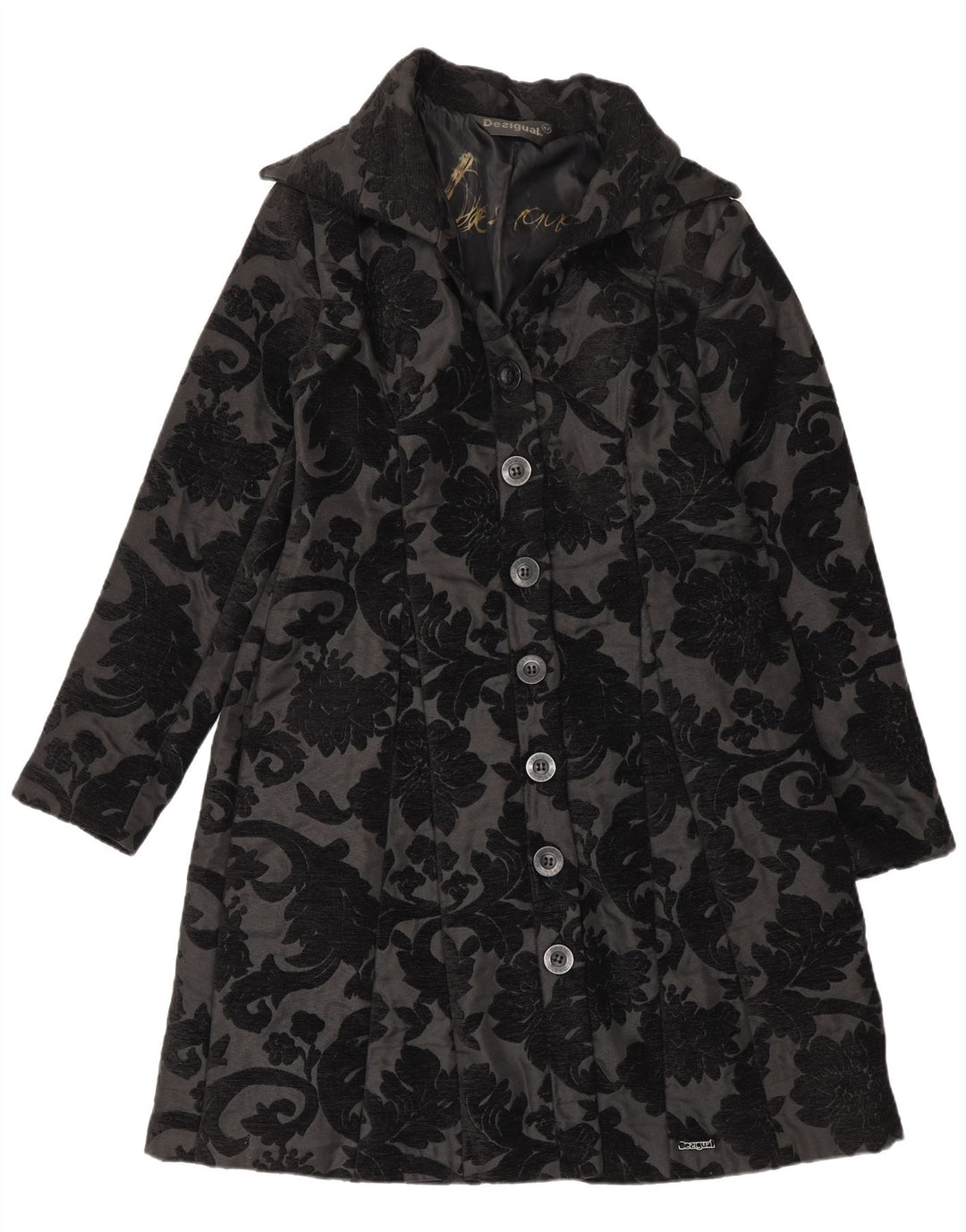 Desigual Manteau coupe classique pour femme EU 42 Grand Noir Floral Moderne