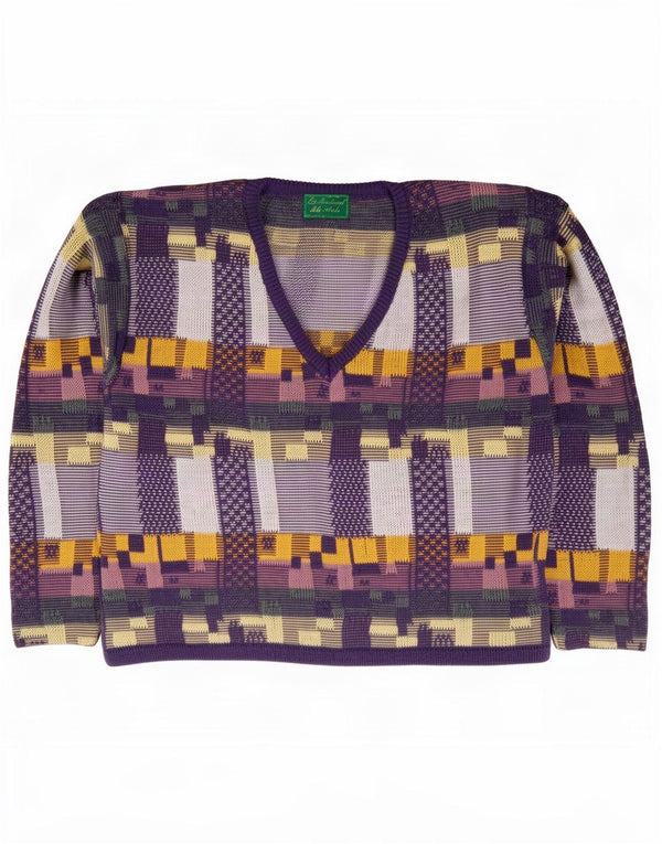 vintage Femme V-Col Jumper Pull UK 14 Moyen Violet Géométrique Coton