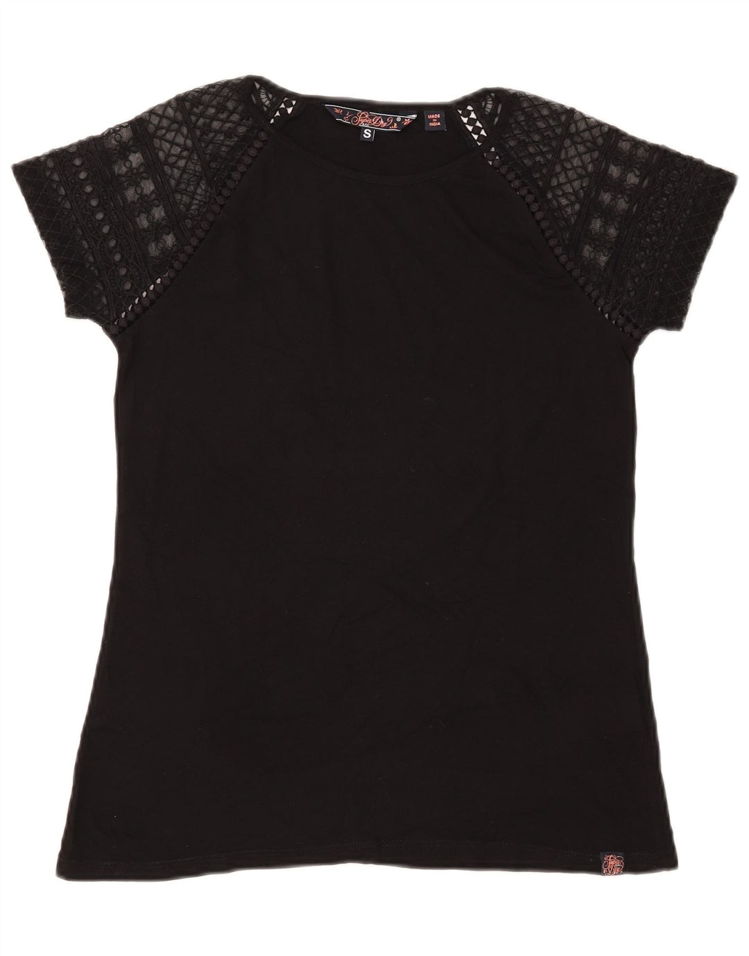 SUPERDRY T-Shirt Femme Top UK 10 Small Noir Coton