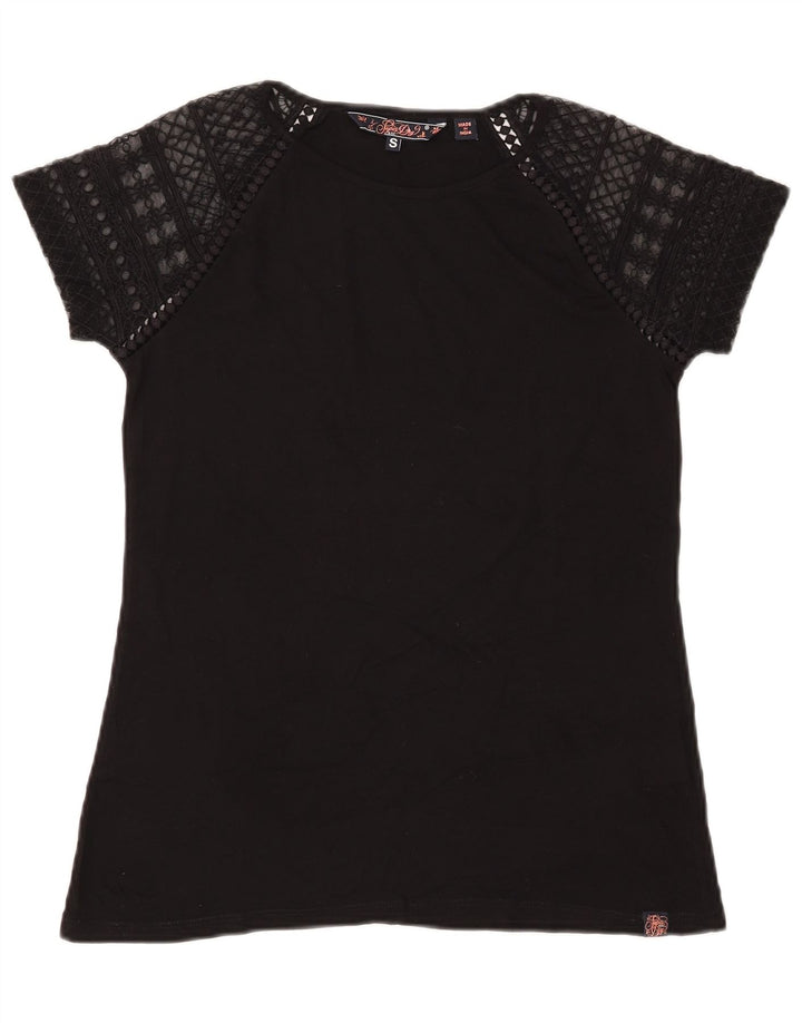 SUPERDRY T-Shirt Femme Top UK 10 Small Noir Coton