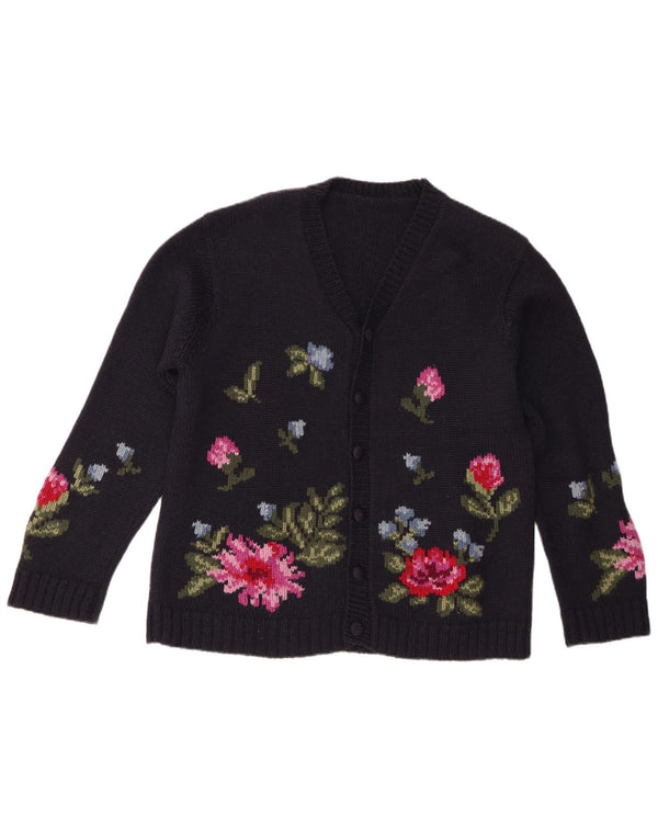 vintage Femme Cardigan Pull UK 16 Grande Laine Florale Noire