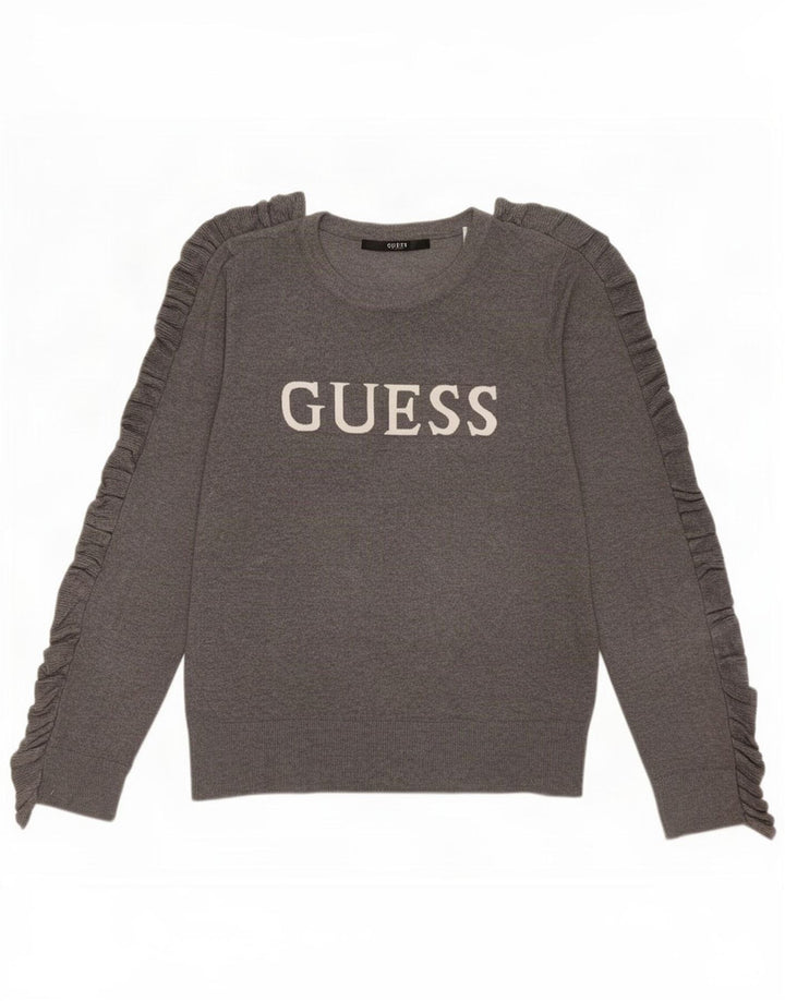 Guess Pull graphique à col rond pour femme UK 14 Gris moyen
