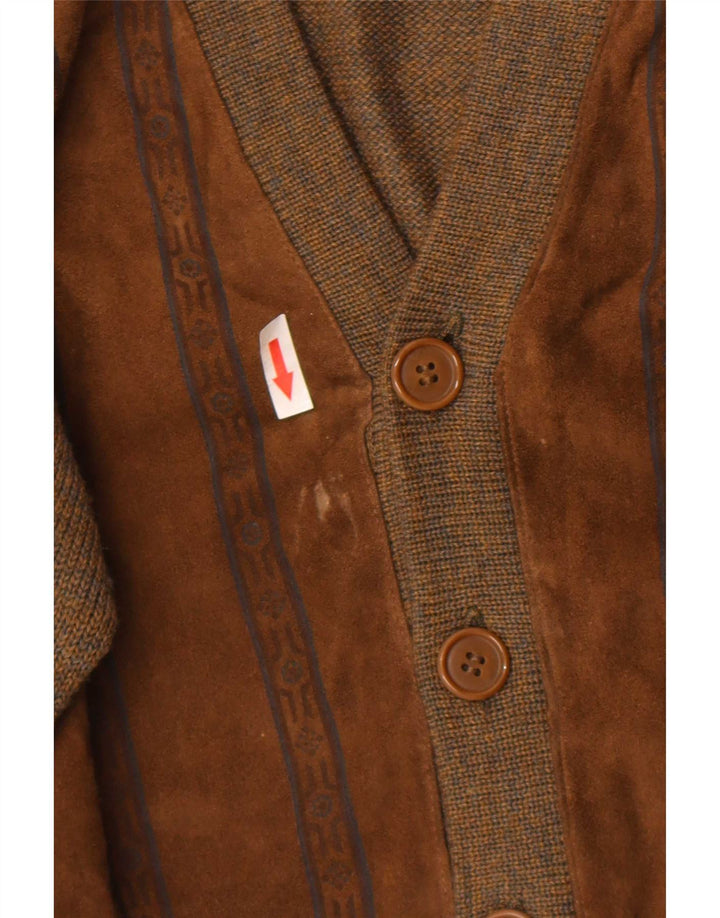 vintage Mens Daim Cardigan Pull Grande Laine Géométrique Marron
