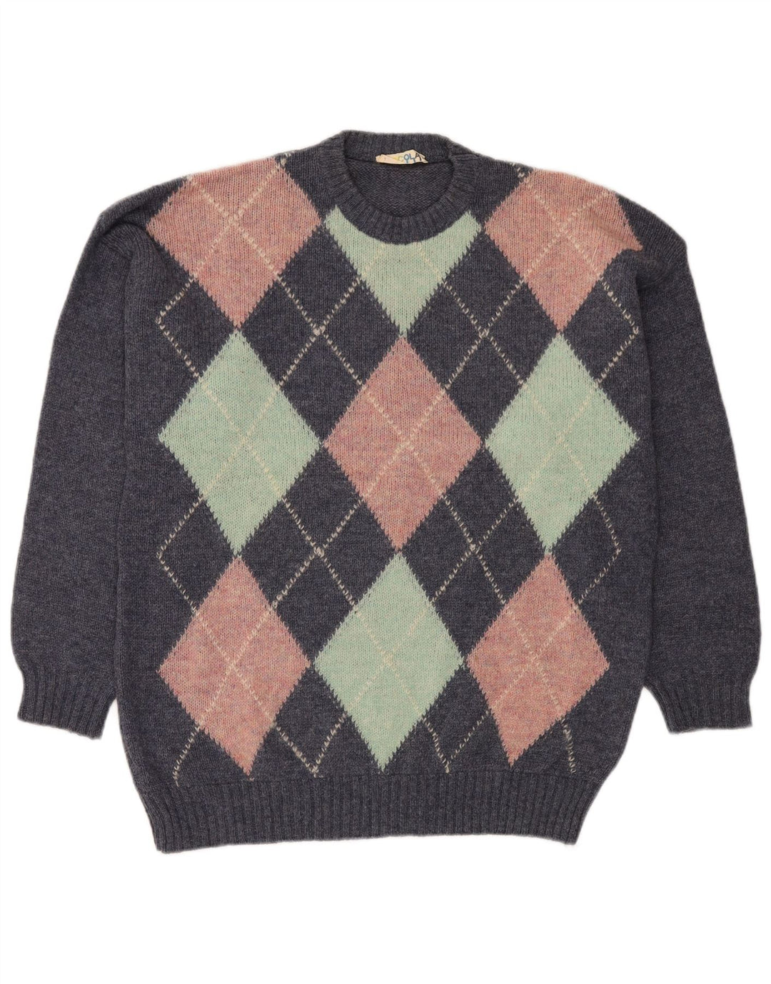 VINTAGE Pull col rond homme grand bleu Argyle/diamant