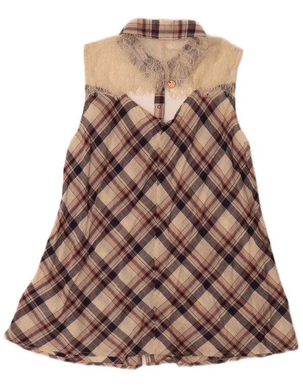 Guess Robe chemise surdimensionnée sans manches pour femme UK 6 XS Beige à carreaux en coton