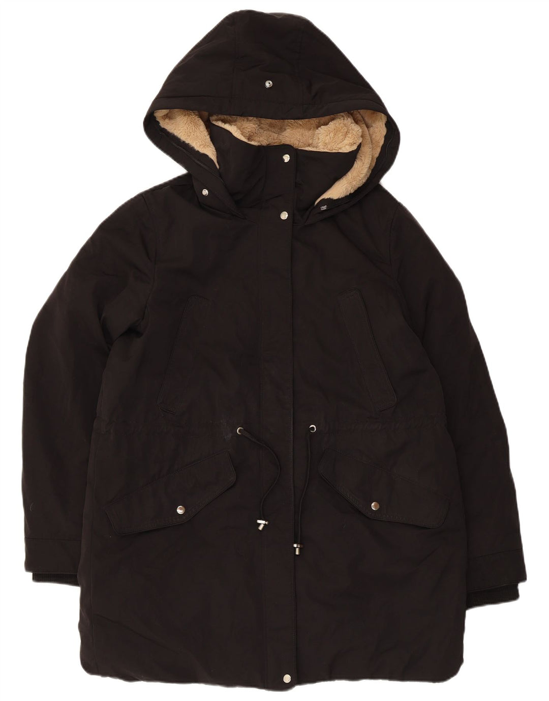 Zara Veste Parka à capuche pour femme UK 14 Medium Noir Polyester