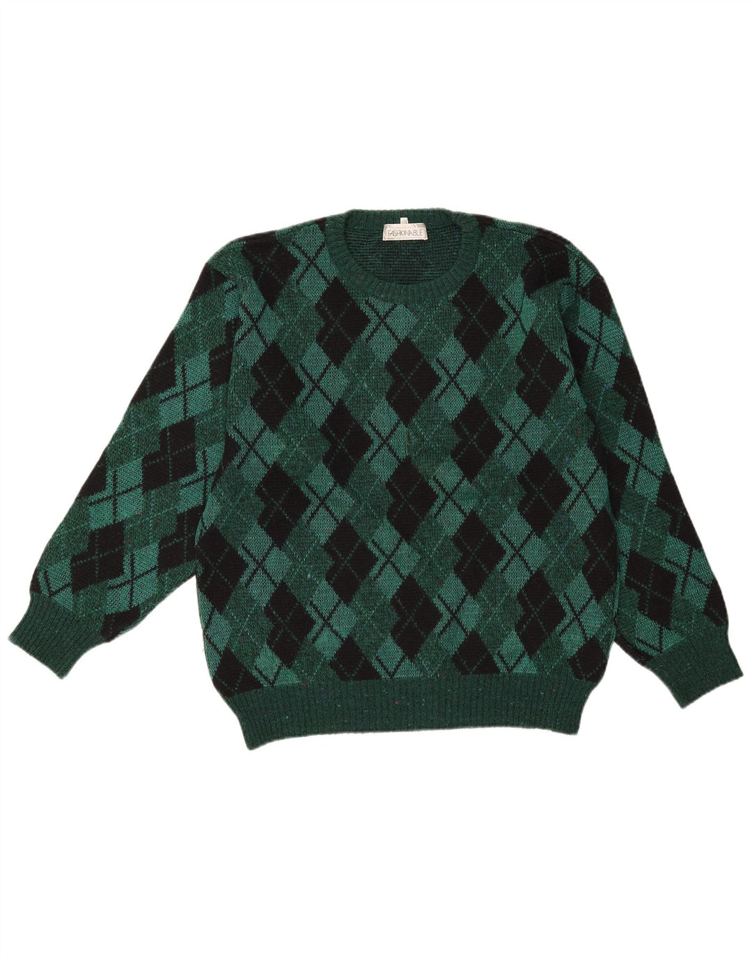 vintage Mens Crew Neck Jumper Sweater IT 48 Moyen Vert Argyle/Diamant