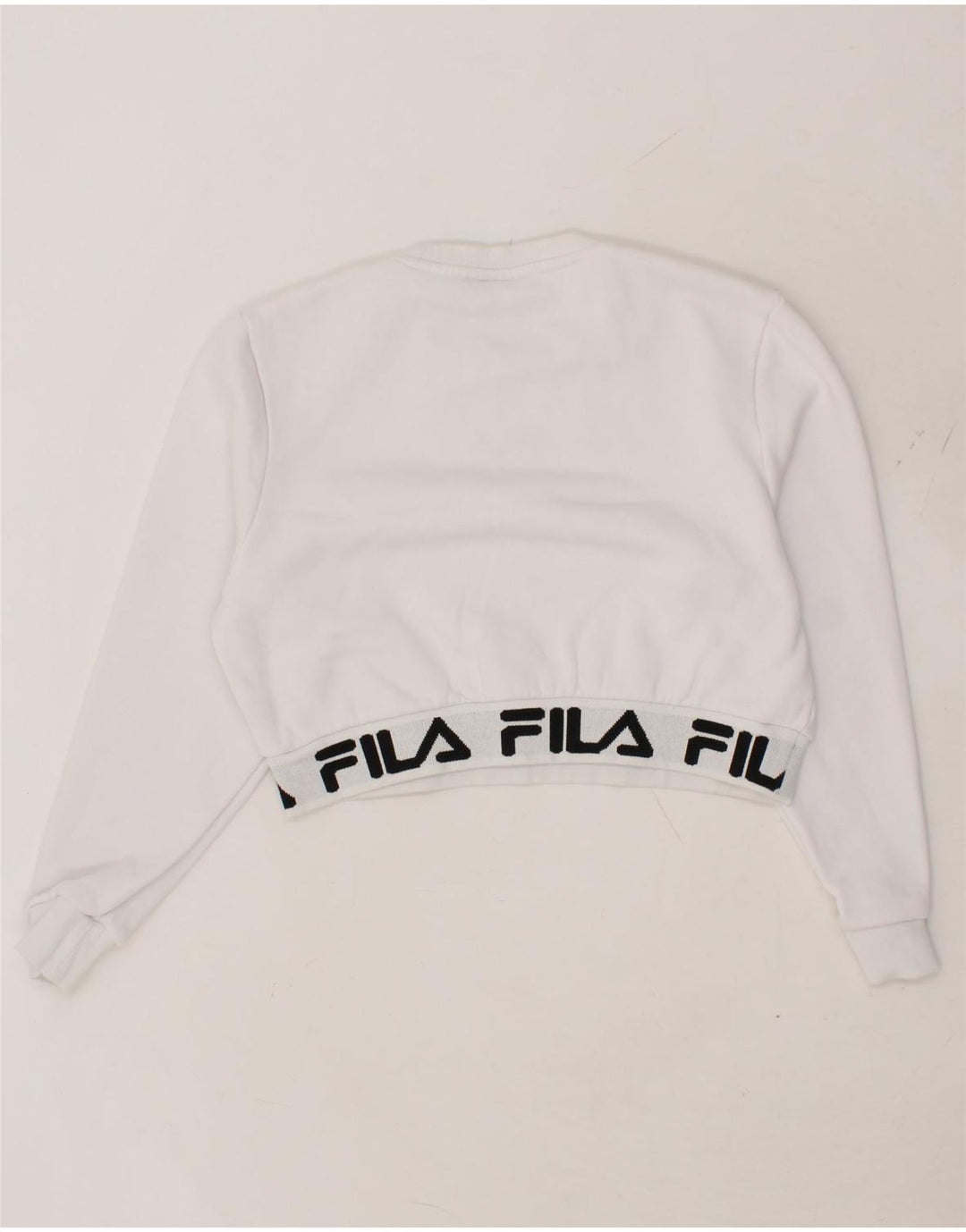 FILA Womens Crop Graphic Sweatshirt Jumper UK 12 Medium White Cotton Vintage Fila and Second-Hand Fila from Messina Hembry 