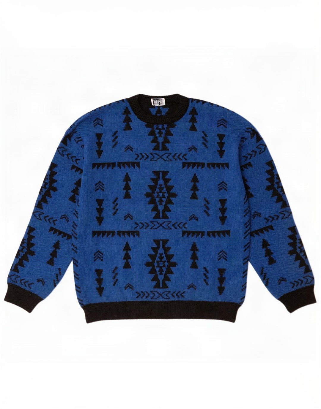 vintage Mens Crew Neck Jumper Pull XL Bleu Géométrique Laine