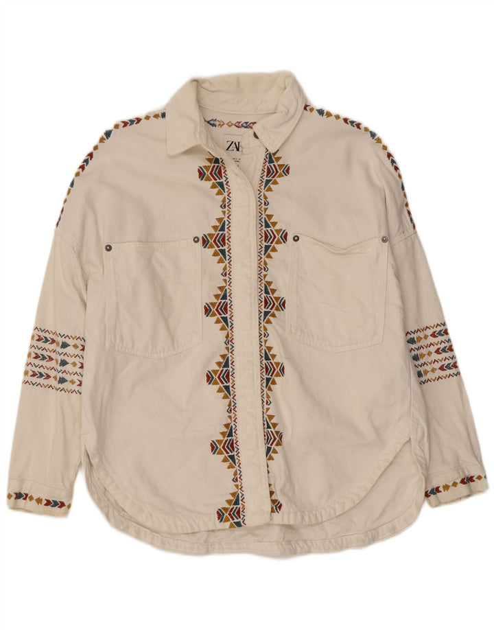 Zara Chemise surdimensionnée pour femme UK 10 Petit coton géométrique blanc