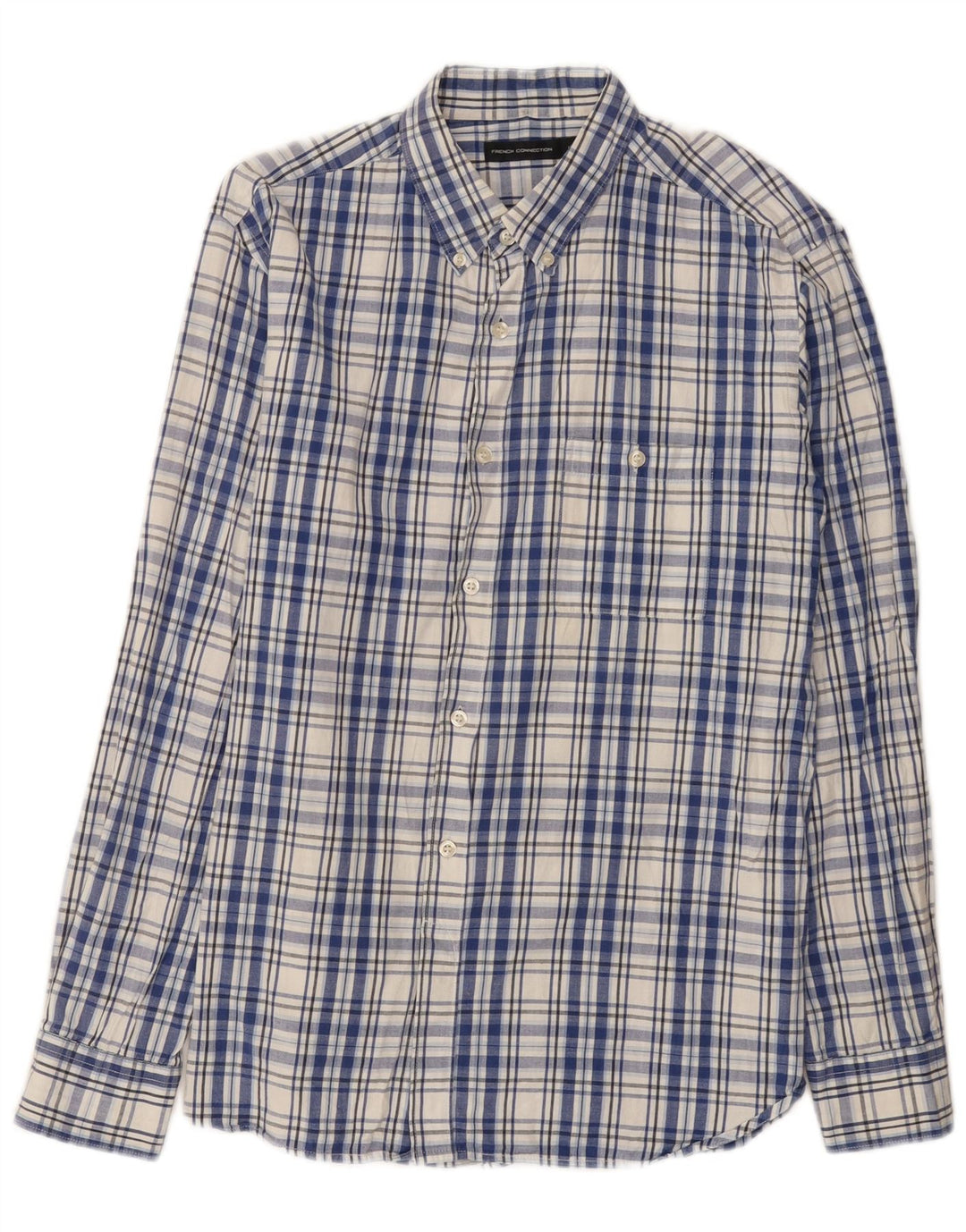 French Connection Chemise Homme Grand Carreau Bleu Marine Coton