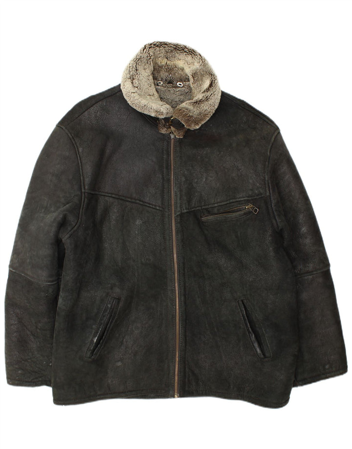 veste en peau de mouton homme vintage UK 42 XL Cuir noir