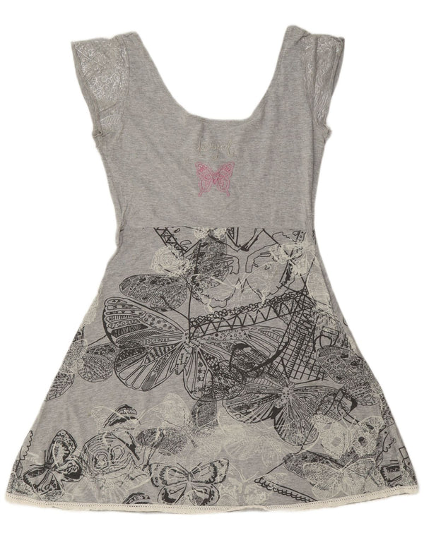 Desigual Robe trapèze graphique pour femme UK 14 Grand coton floral gris