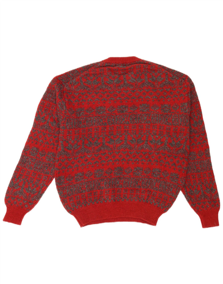 vintage Mens Crew Neck Jumper Pull Moyen Rouge Fair Isle Rétro