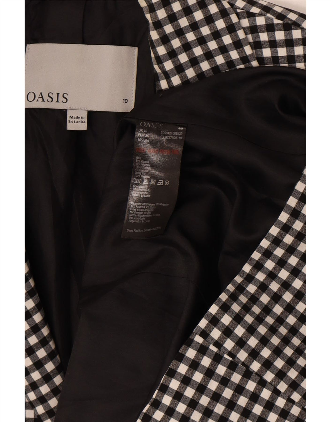 Oasis Veste Blazer 1 Bouton pour Femme UK 10 Petit Vichy Noir Viscose