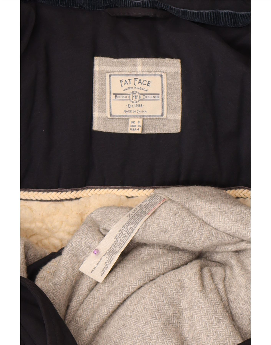 Fat Face Manteau rembourré Sherpa à capuche pour femme UK 8 Small Bleu marine Polyester