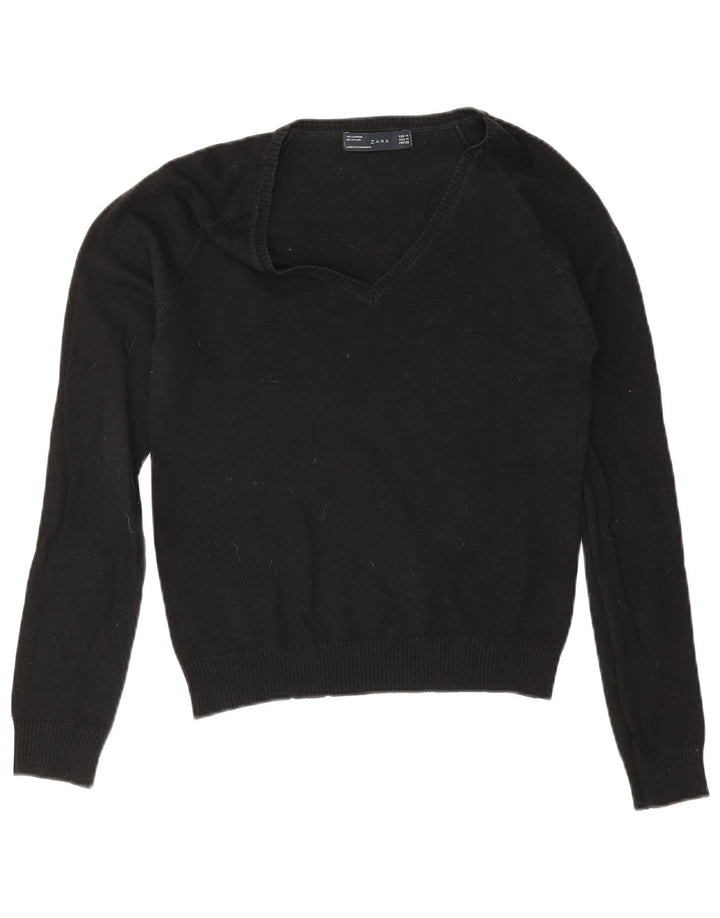 Zara Pull col V pour femme UK 12 en coton noir moyen