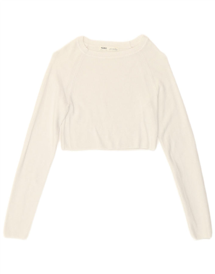 Pull & Bear Femme Crop Top Manches Longues UK 8 Small Blanc Viscose
