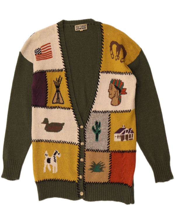 vintage Femme Graphique Cardigan Pull UK 16 Grande Laine Patchwork Vert