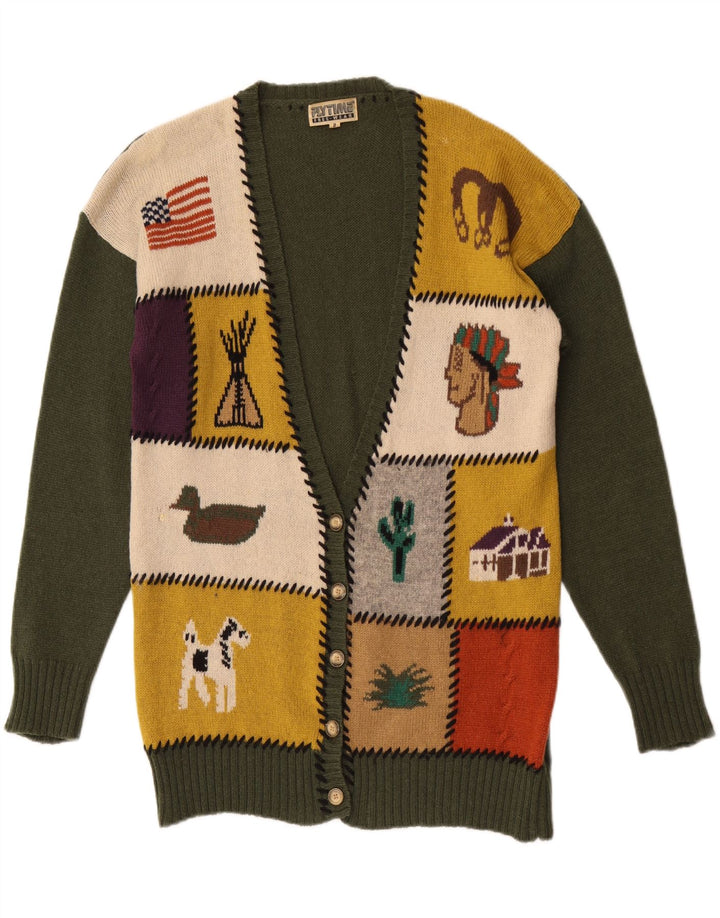 vintage Femme Graphique Cardigan Pull UK 16 Grande Laine Patchwork Vert
