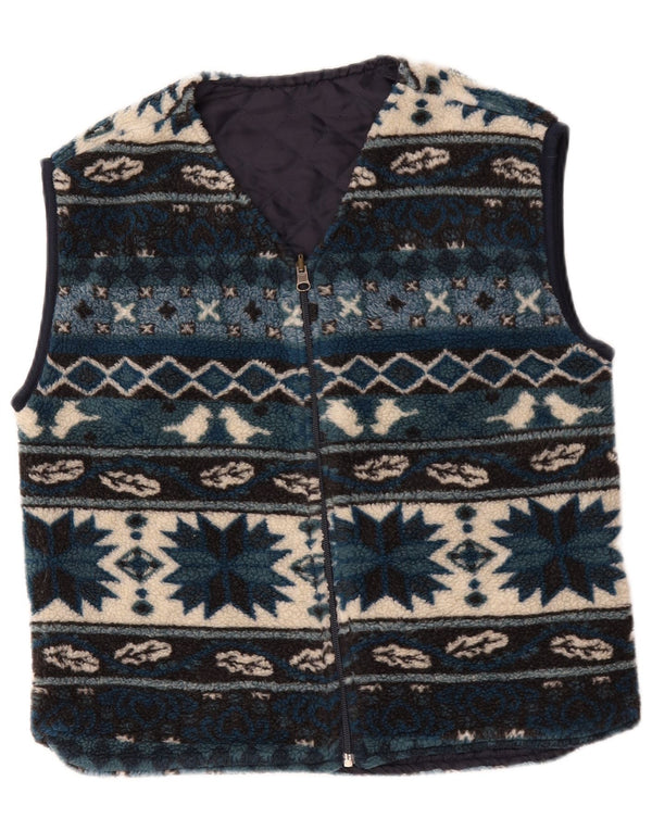 vintage Mens Fleece Gilet UK 38 Moyen Bleu Géométrique