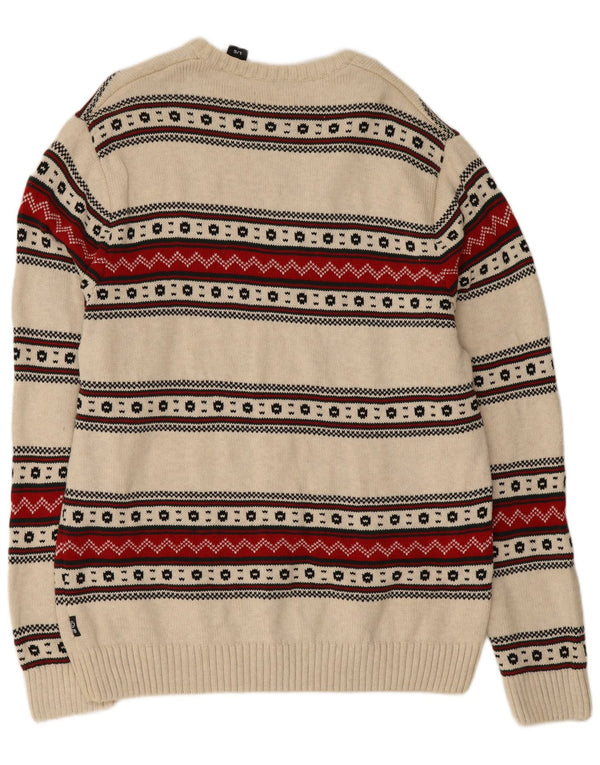 Chaps Pull à col rond pour homme en coton Fair Isle Beige Large