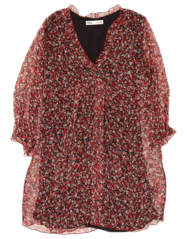 Zara Robe droite à manches longues pour femme UK 10 Petit polyester floral rouge