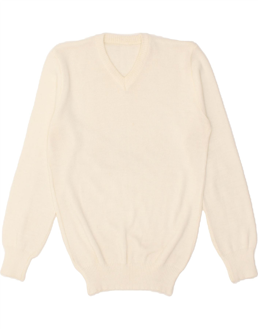 VINTAGE Womens V-Neck Jumper Sweater UK 12 Medium Off White Polyacrylic Vintage Vintage and Second-Hand Vintage from Messina Hembry 