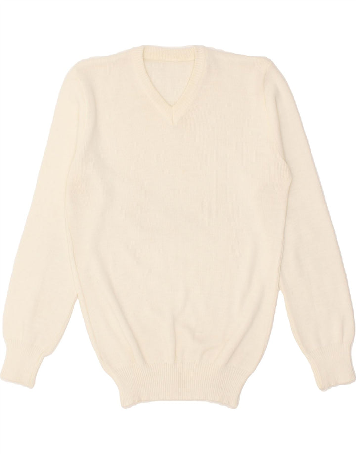 VINTAGE Womens V-Neck Jumper Sweater UK 12 Medium Off White Polyacrylic Vintage Vintage and Second-Hand Vintage from Messina Hembry 