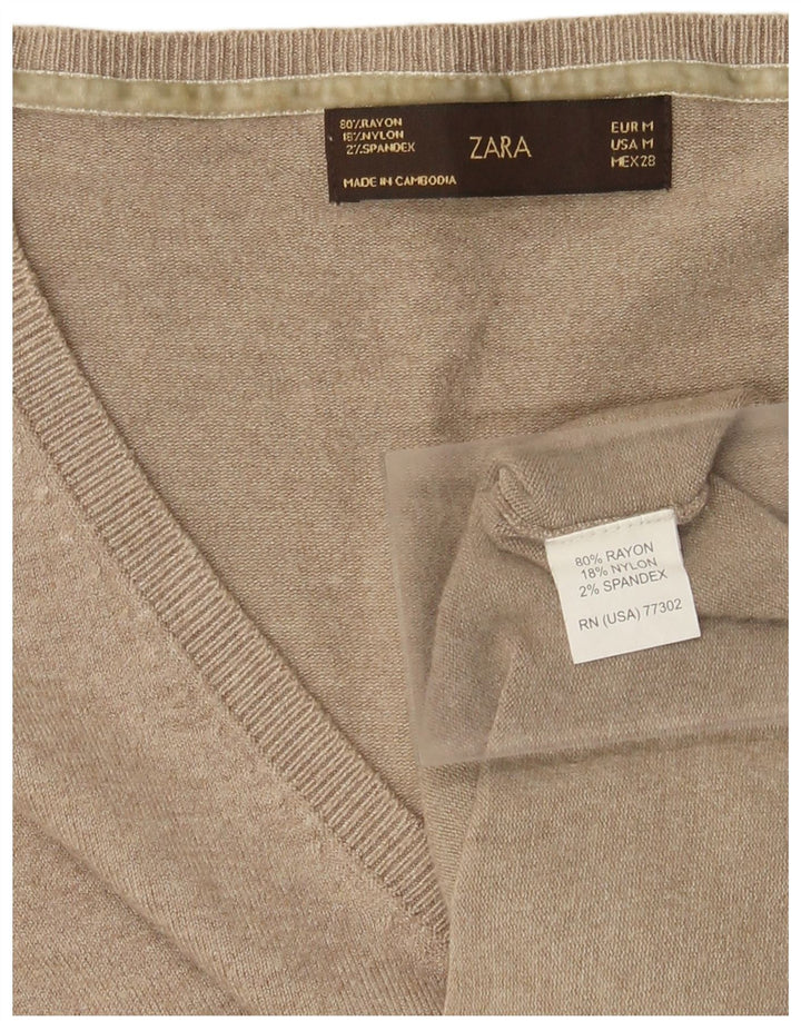 Zara Pull col V pour femme UK 12 Rayonne beige moyen