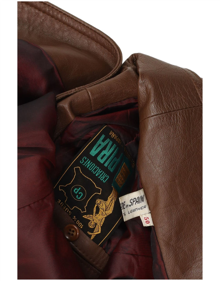 vintage Homme 3 Boutons Veste Blazer En Cuir EU 50 Grand Daim Brun