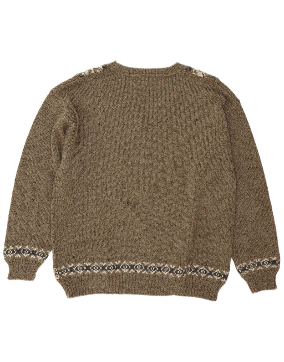 vintage Homme Col V Pull Pull Moyen Kaki Fair Isle