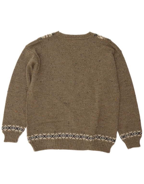 vintage Homme Col V Pull Pull Moyen Kaki Fair Isle