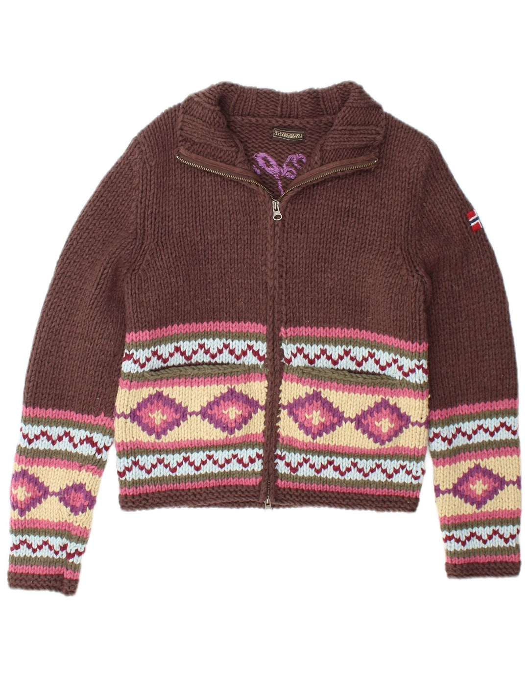 NAPAPIJRI Pull cardigan graphique pour femme UK 12 Marron moyen géométrique