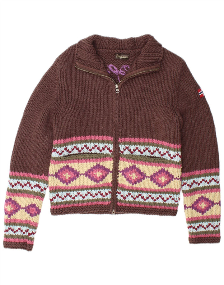 NAPAPIJRI Pull cardigan graphique pour femme UK 12 Marron moyen géométrique