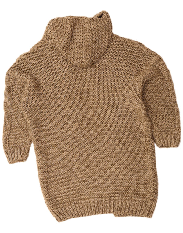 vintage Womens Longline Hooded Cardigan Sweater UK 10 Petit Acrylique Brun