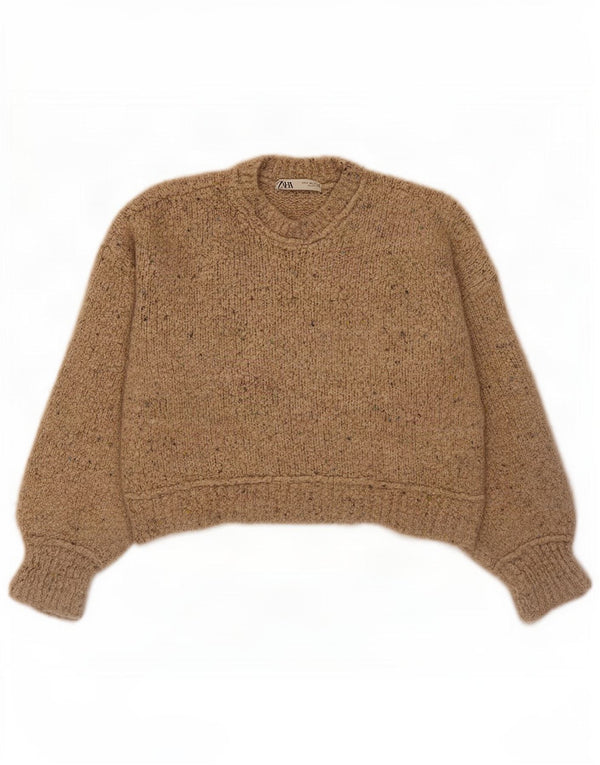 Zara Womens Crop Crew Neck Jumper Sweater UK 10 Petit Beige Moucheté