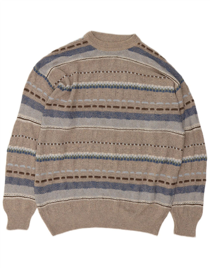 vintage Mens Crew Neck Jumper Pull Grand Gris Géométrique