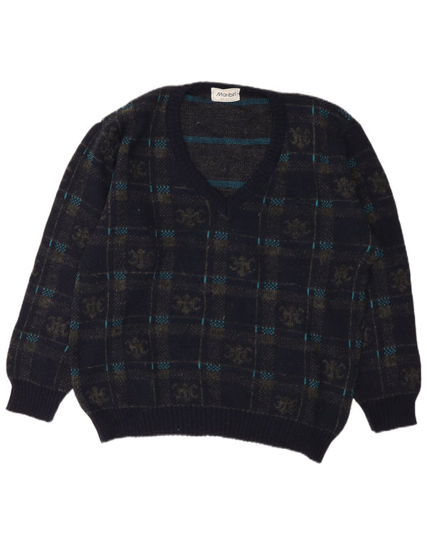 vintage Mens V-Col Jumper Sweater IT 50 Moyen Marine Bleu Géométrique Acrylique